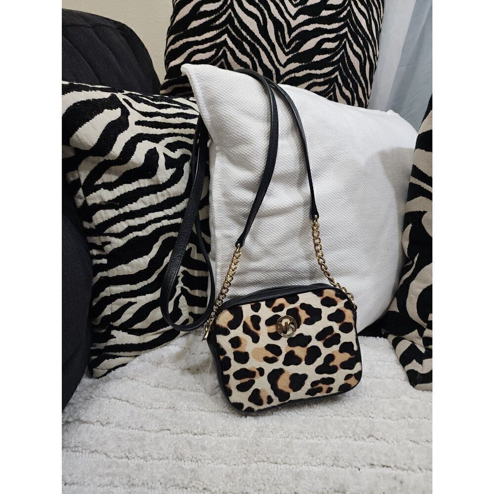 Michael Kors Black Leopard Print Calf Hair Leather Crossbody Bag